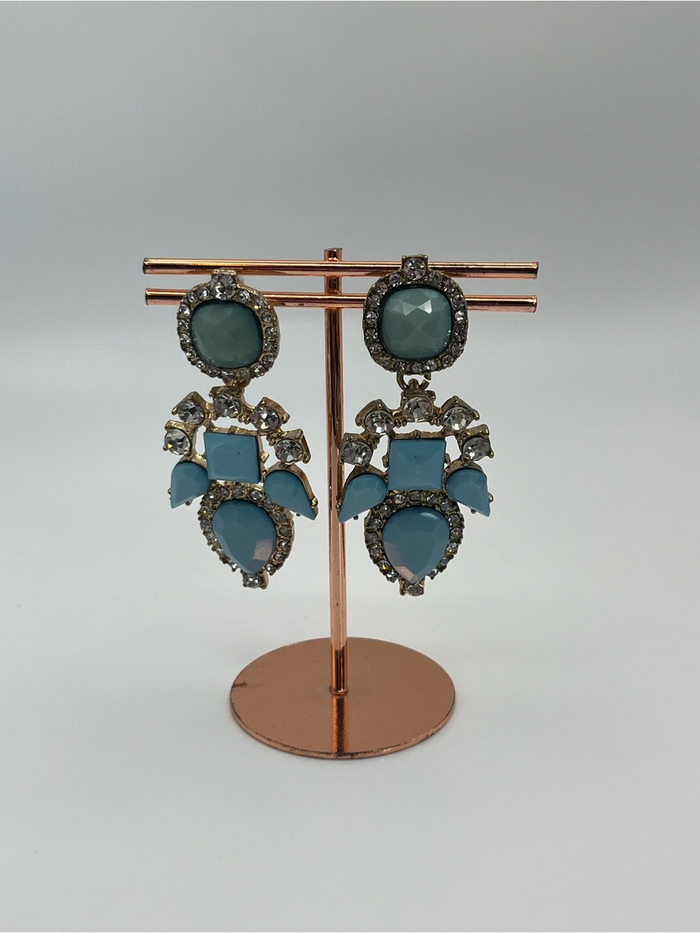 Vintage Light Blue Acrylic and Rhinestone Drop Statement Earrings